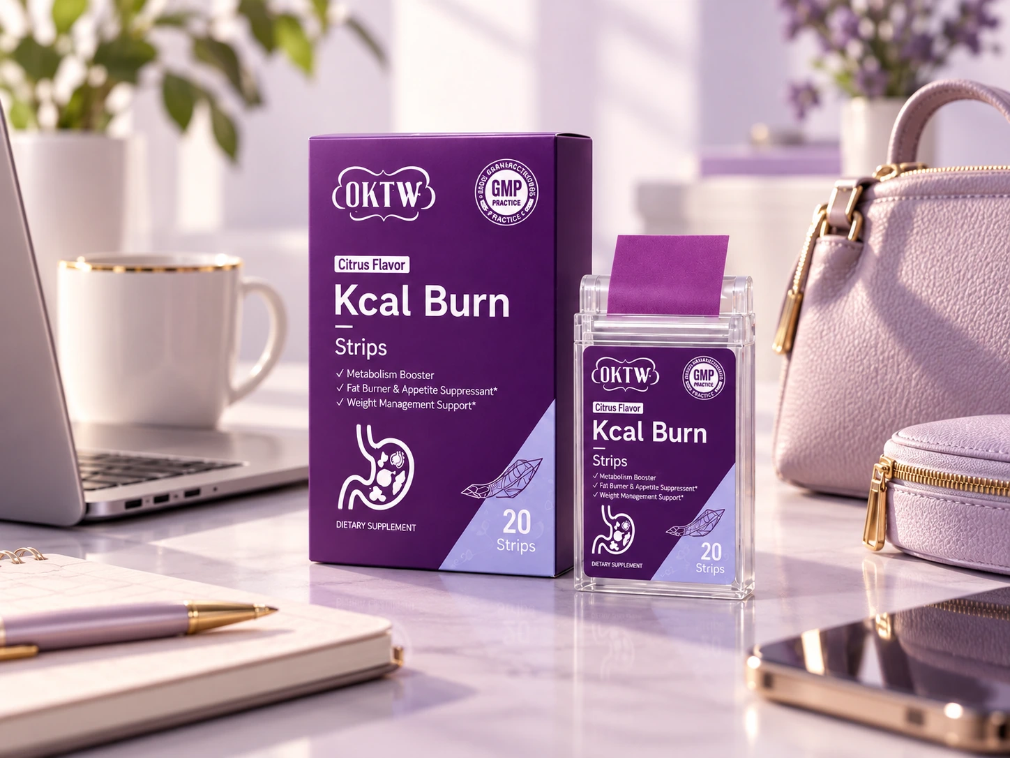 Kcal Burn lifestyle scene with laptop, coffee and bag