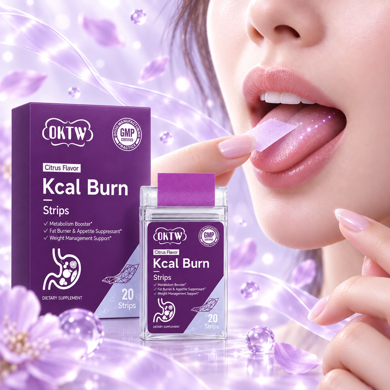 Kcal Burn oral dissolving strip being placed on the tongue